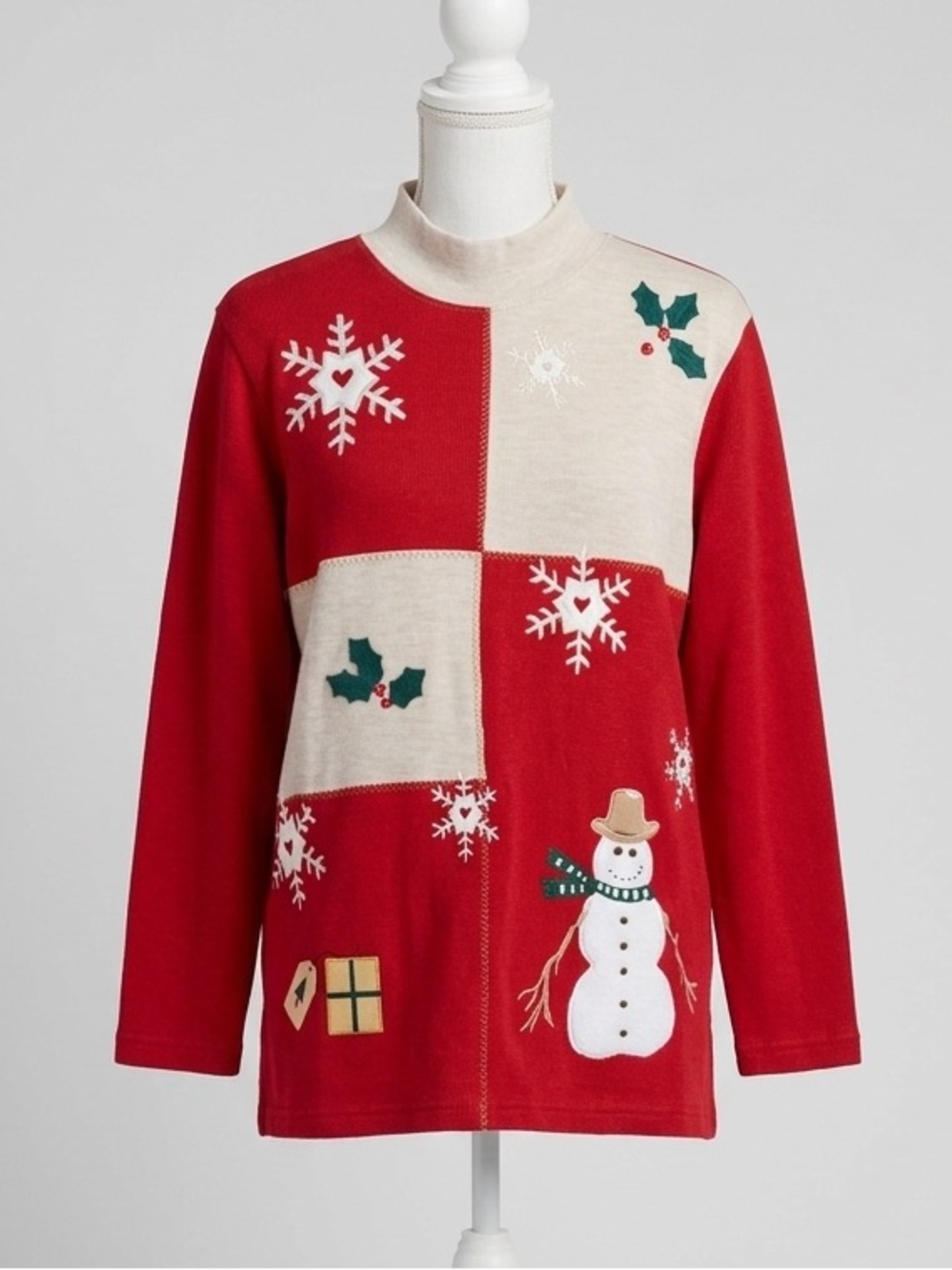 Karen Scott Vintage Christmas Snowman Mock Neck Top Red White Beige Size Medium